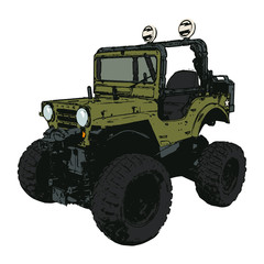 オリーブ色のレトロな四輪駆動車