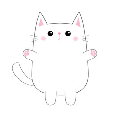 White cute sad cat baby kitten. Pink paw print hand hug. Blush cheeks. Contour silhouette. Kawaii animal. Cartoon kitty character. Funny face. Love Greeting card. Flat design. White background