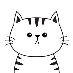 Linear cat sad head face silhouette. Contour line. Cute cartoon kitty character. Kawaii animal. Funny baby kitten. Love Greeting card. Flat design. White background Isolated.