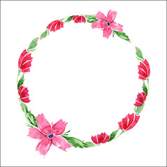 Watercolor floral wreath. Frame of pink flowers and green leaves. Vector