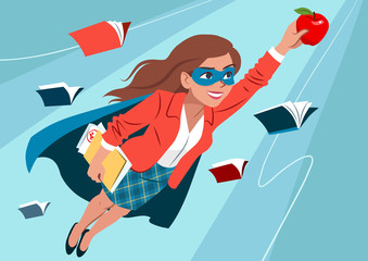 Young woman in cape and mask flying through air in superhero pose, looking confident and happy, holding an apple and folder with papers, open books around. Teacher, student, education learning concept - obrazy, fototapety, plakaty