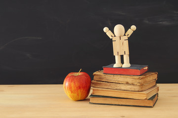 image of a wooden figure standing on a stack of books. Concept of success, education and back to school.