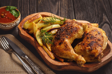 Roasted chicken legs with fried potatoes and tomato dip.