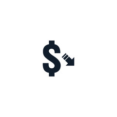 dollar decrease icon. Money symbol with arrow stretching rising drop fall down. Recession Business. cost reduction icon. vector illustration.