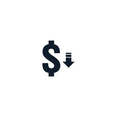 dollar decrease icon. Money symbol with arrow stretching rising drop fall down. Recession Business. cost reduction icon. vector illustration.