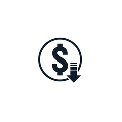 dollar decrease icon. Money symbol with arrow stretching rising drop fall down. Recession Business. cost reduction icon. vector illustration.