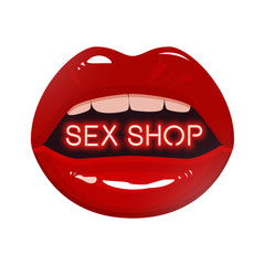 Sex shop logo neon text red lipstick mouth vector illustration - 210689948