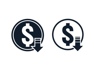 dollar decrease icon. Money symbol with arrow stretching rising drop fall down. Recession Business. cost reduction icon. vector illustration.
