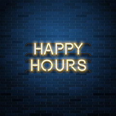 Obraz premium Happy hours sale vector advertisement, glowing neon realistic text design