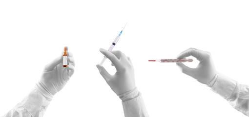 Blank white doctor hand in white glove mockup set, isolated. Surgeon hand mock up. Medical man holding ampule, syringe and thermometer template