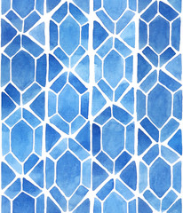 Watercolor mosaic background with diamonds and triangles in blue. Stained glass imitation. Hand painted seamless geometric pattern