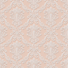 Vector volumetric damask seamless pattern background. Elegant luxury embossed texture for wallpapers, backgrounds and page fill. 3D elements with shadows and highlights.