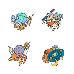 Vector hand drawn space elements planet, rocket