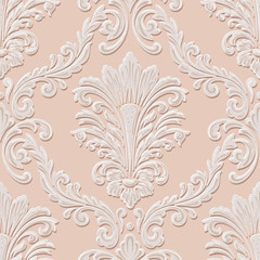 Vector volumetric damask seamless pattern element. Elegant luxury embossed texture for wallpapers, backgrounds and page fill. 3D elements with shadows and highlights.