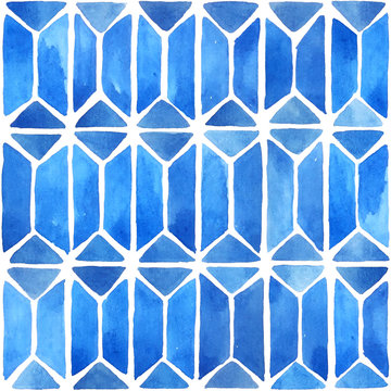 Seamless watercolor pattern with geometric elements. Hand painted background in blue