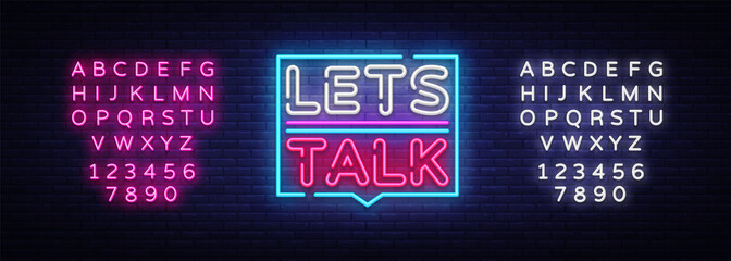 Let's talk neon signs vector. Lets talk text Design template neon sign, light banner, neon signboard, nightly bright advertising, light inscription. Vector illustration. Editing text neon sign