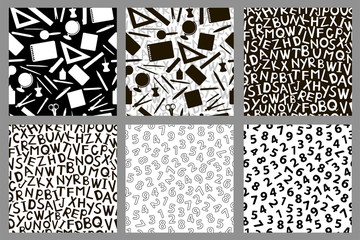 Fototapeta premium Seamless patterns with stationery, alphabet and numerals. Black and white set.