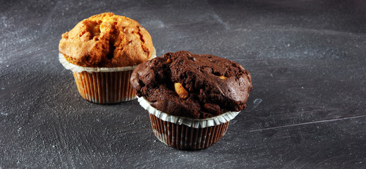Chocolate muffin and nut muffin, homemade bakery on dark background.
