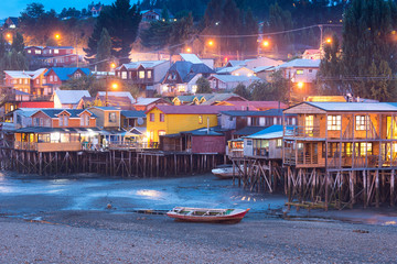 Fototapeta na wymiar Traditional stilt houses know as palafitos in the city of Castro at Chiloe Island in Southern Chile