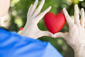 Obraz na płótnie Canvas Heart in hands doctor on blurred green background health service