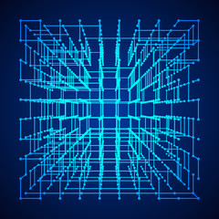 Big data visualization. HUD grid corners wireframe mesh cube. Analysis of information. Visual data infographics design. Science and technology. Connection Structure. Digital Data Vector Illustration.