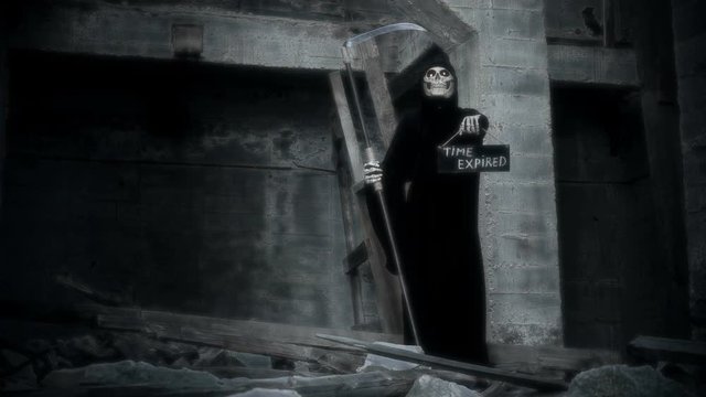 death with a scythe raises a sign with the inscription tima expired