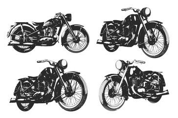 Obraz premium Monochrome illustration of clssic motorcycles in different angles isolated on white backgreound with grunge texture.