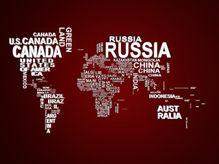 The world map with all states and their names 3d illustration on red