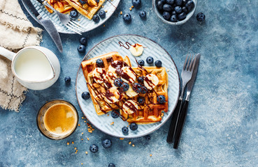 Delicious homemade waffles with banana