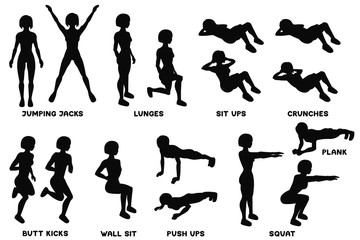 Squat. Sport exersice. Silhouettes of woman doing exercise. Workout, training.