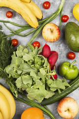 Various healthy food on gray background. Top view. Food background