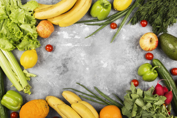 Various healthy food on gray background. Top view, copy space. Food background