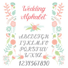 Wedding Day ceremony alphabet text celebration invitation lettering retro card design calligraphy ceremony font vector illustration.