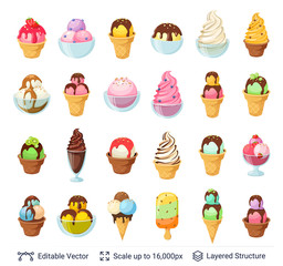 Ice cream dessert set. 24 items isolated on white. - obrazy, fototapety, plakaty