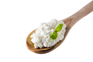 Fresh cottage cheese in a wooden spoon isolated on white background. Copyspace