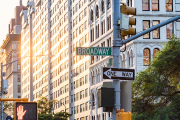 Broadway street sign at an intersection near Union Square Park in New York City