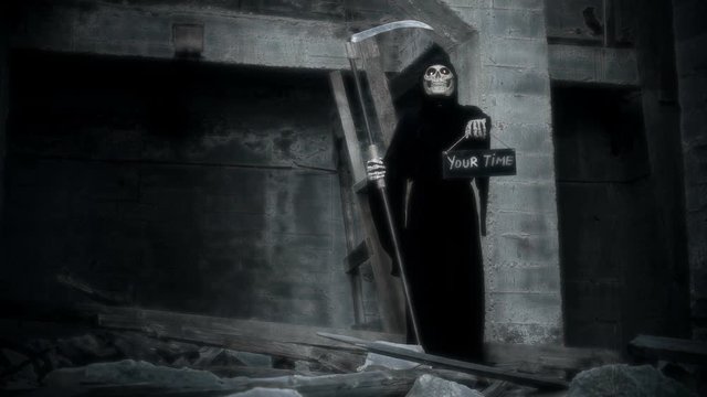 death with a scythe raises a sign with the inscription your time