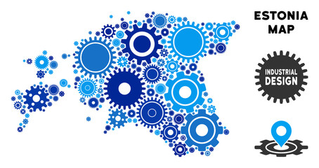 Industrial Estonia map collage of gears. Abstract geographic plan in blue color hues. Vector Estonia map is designed from gears. Concept of tuning workshop.