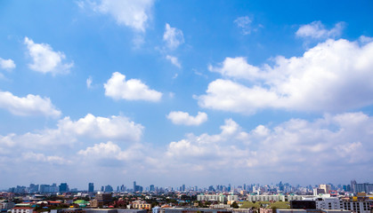 City downtown cityscape urban skyline and the cloud in blue sky. Wide and High view image of Bangkok city