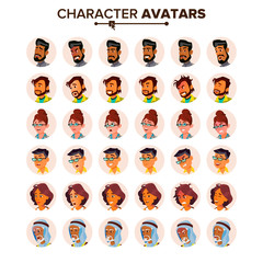 People Avatar Set Vector. Man, Woman. Circle Pictogram. Expressive Picture. Human Emotions. Stylish Image. Icon Placeholder. Casual Workman. Flat Cartoon Character Illustration