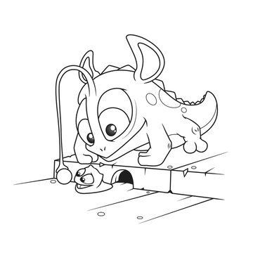 Monster Lizard Catching a Little Slug. A printable coloring book page.