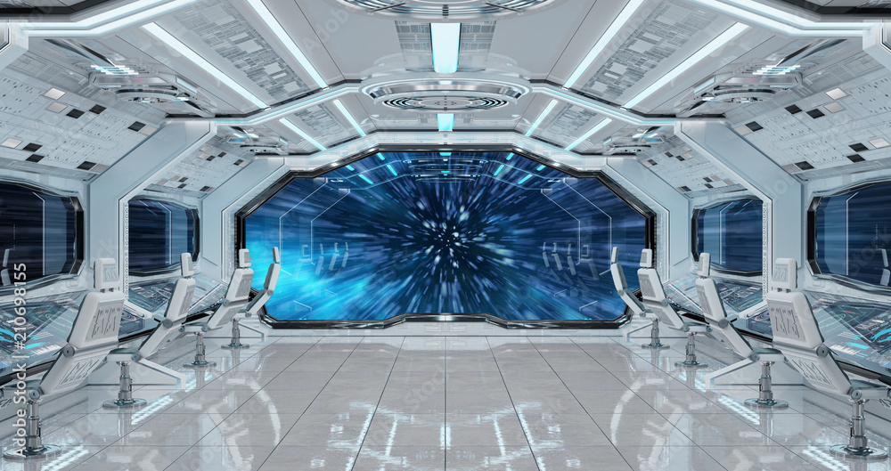 Aufkleber White clean spaceship interior with view on planet Earth 3D rendering