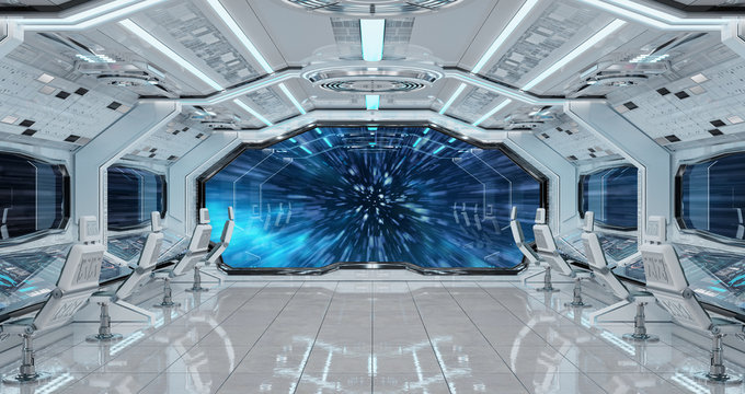 White clean spaceship interior with view on planet Earth 3D rendering