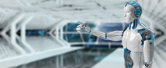 White male cyborg pointing his finger 3D rendering
