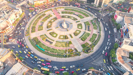 Of traffic on city streets in Thailand. Aerial view and top view Expressway with car lots.