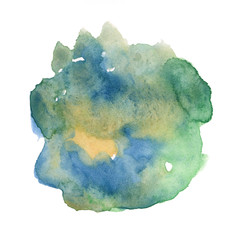 Blue and green watercolor spot with drip and gradient. Hand-painted illustration