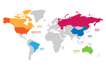 World map vector illustration infographics with highlighted 6 largest countries by area.