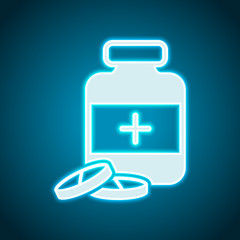 Pills and medicine bottle. Neon style. Light decoration icon. Br