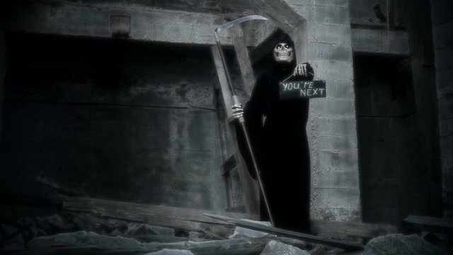 death with a scythe raises a sign with the inscription you re next