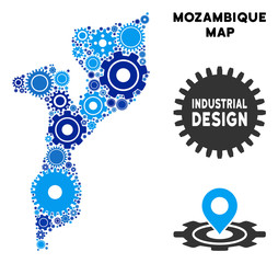 Repair Service Mozambique map mosaic of gears. Abstract territory plan in blue color tints. Vector Mozambique map is designed of gears. Concept for technical service. © Aha-Soft